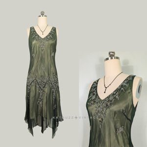 Vintage Scala Midi Dress Cocktail Gown XL Green Silk Bead Gatsby Fairy Grunge